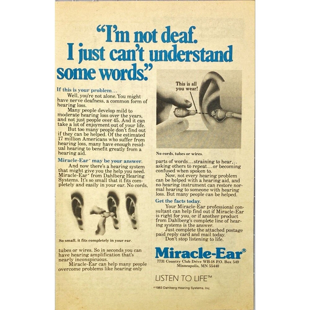 Miracle-Ear "I'm Not Deaf. I Can't Understand Some Words" Vintage Print Ad 1983